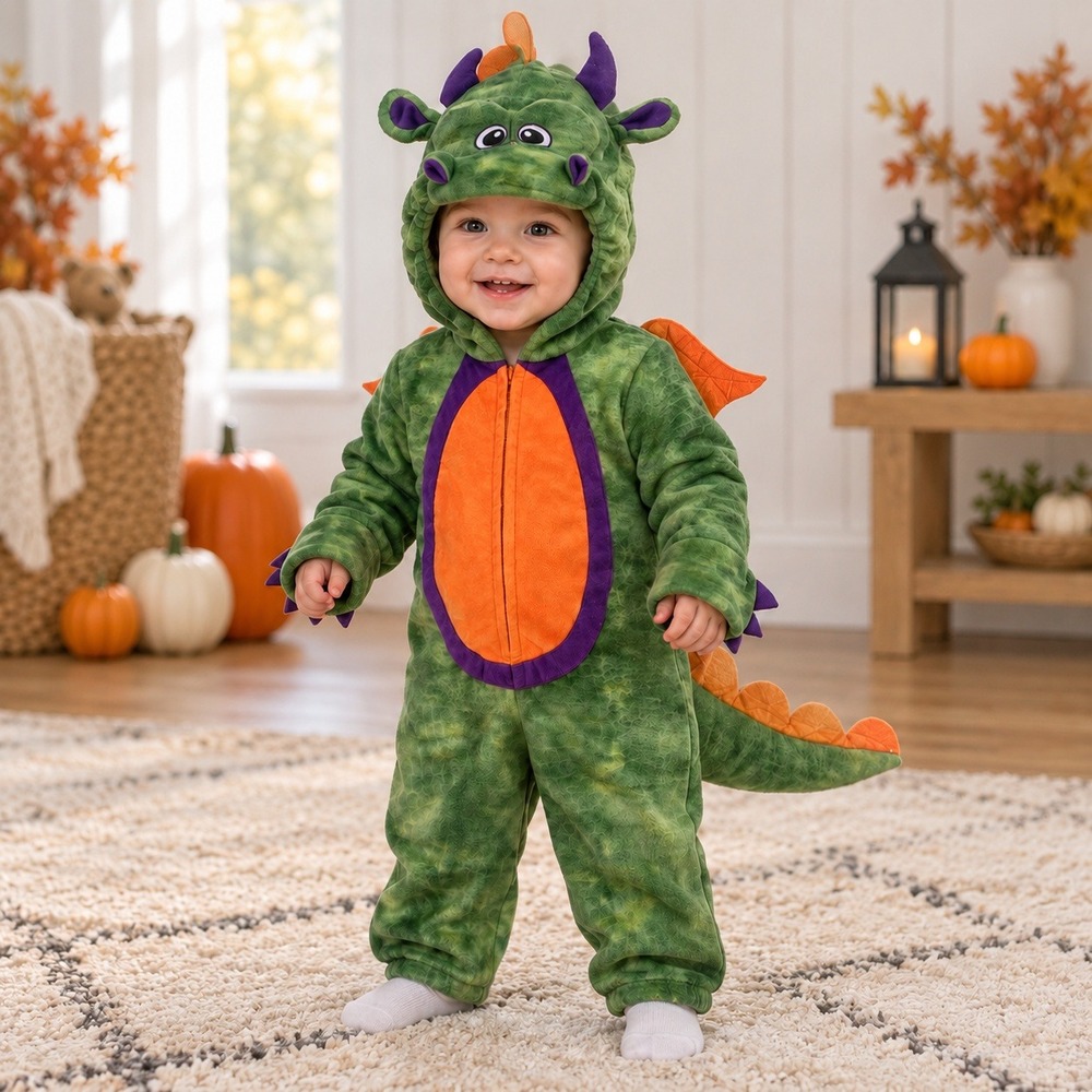 Koala Kids Baby Dragon Dinosaur Costume 12M Green Orange Plush Hooded Halloween